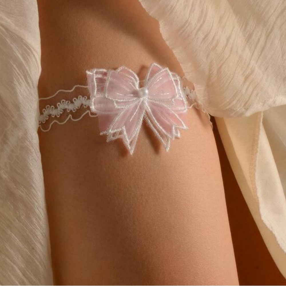 SET OF 2 faux Pearl & Bow Decor Bridal Leg Garter Coquette Stripper Lingerie NEW